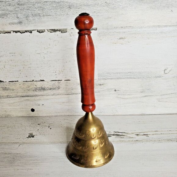 Vintage Etched Brass Hand Bell Wood Handle India - School, Teacher, Call Service - Picture 2 of 12
